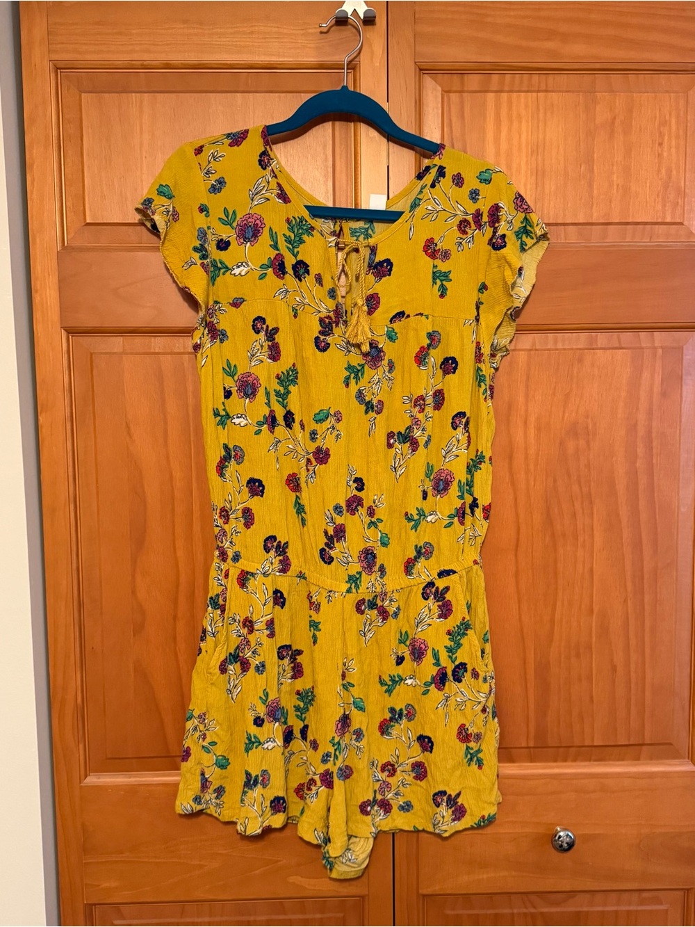 Mustard Yellow Floral Romper loose fit linen look with pockets